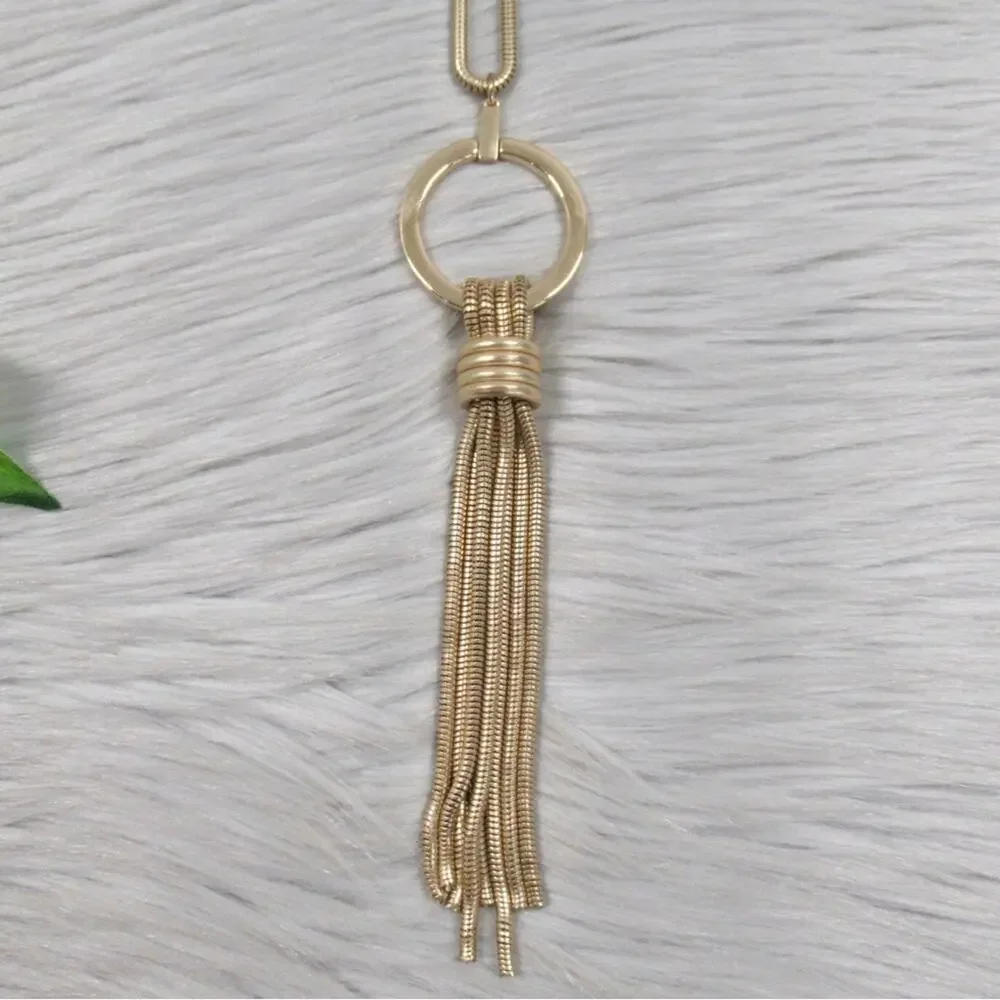 CHICO’S Gabby Pendant Necklace Gold Looped Long Snakechain Tassel
